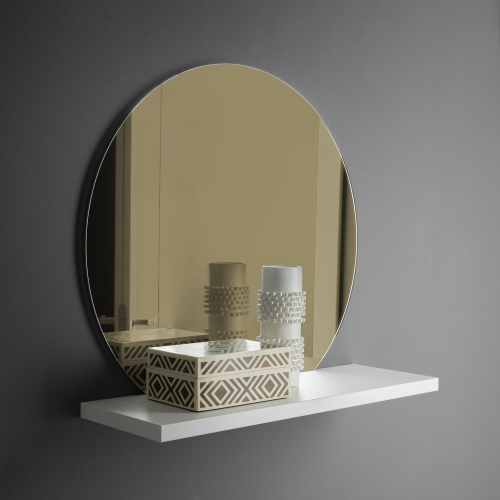 Runder bronzierter Spiegel mit Urbanem Regal, 60 x 22, Mattweiß