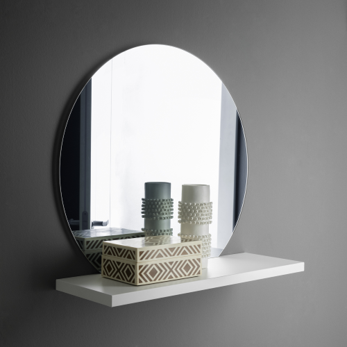 Runder Grauer Spiegel mit Urbanem Regal, 60 x 22, Mattweiß