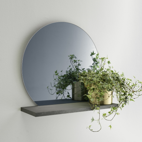 Round Gray Mirror with Urban Shelf, 60 x 22, Dark Concrete
