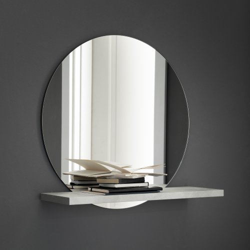 Round Silvered Mirror with Shelf 60 x 22, Light Concrete
