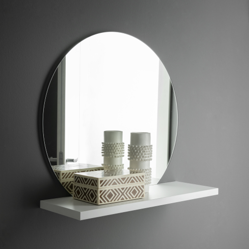 Miroir rond argenté avec étagère 60 x 22, Blanc mat